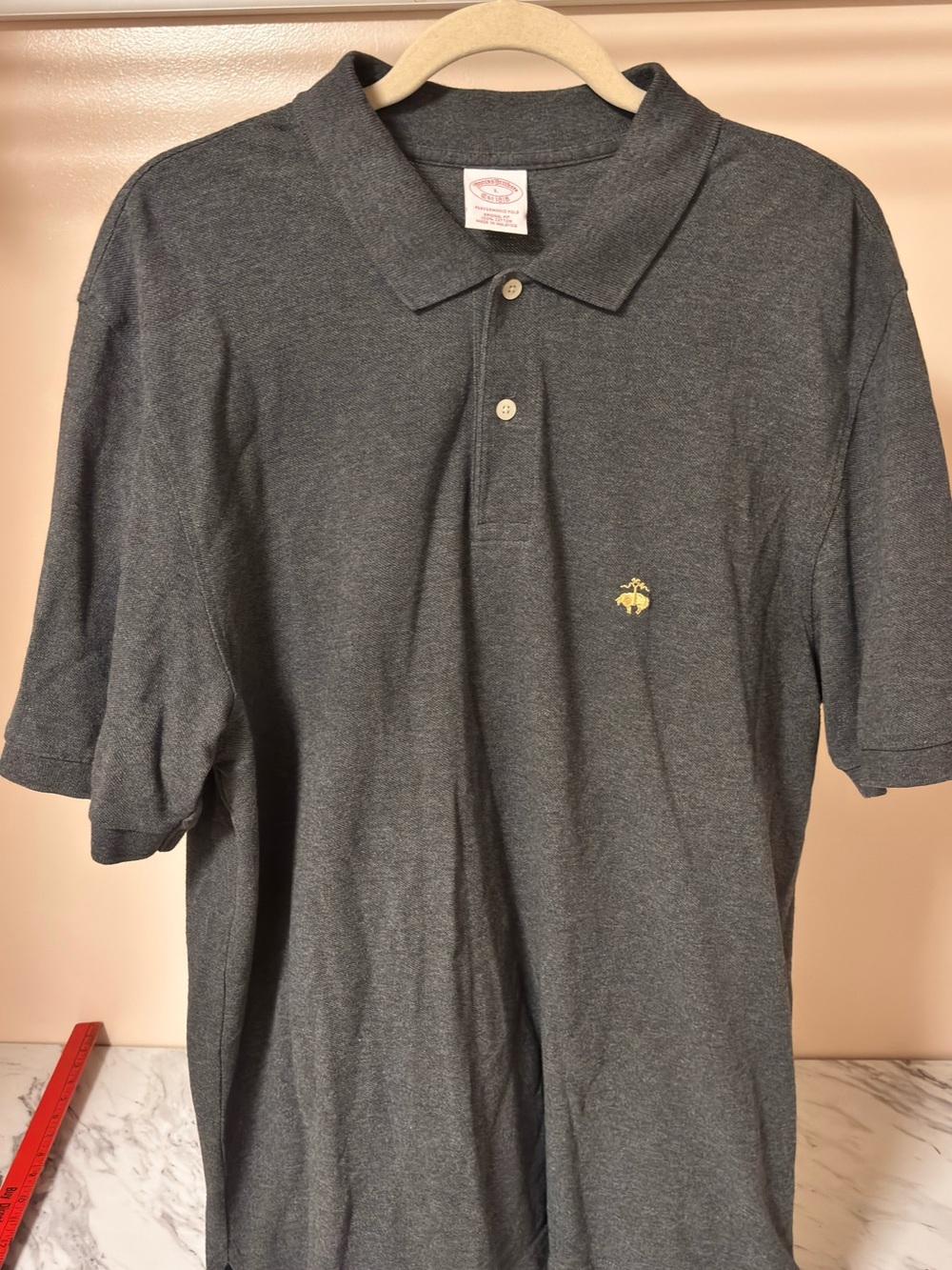 Brooks Brothers Charcoal Gray Polo with Small Yellow Embroidered Logo